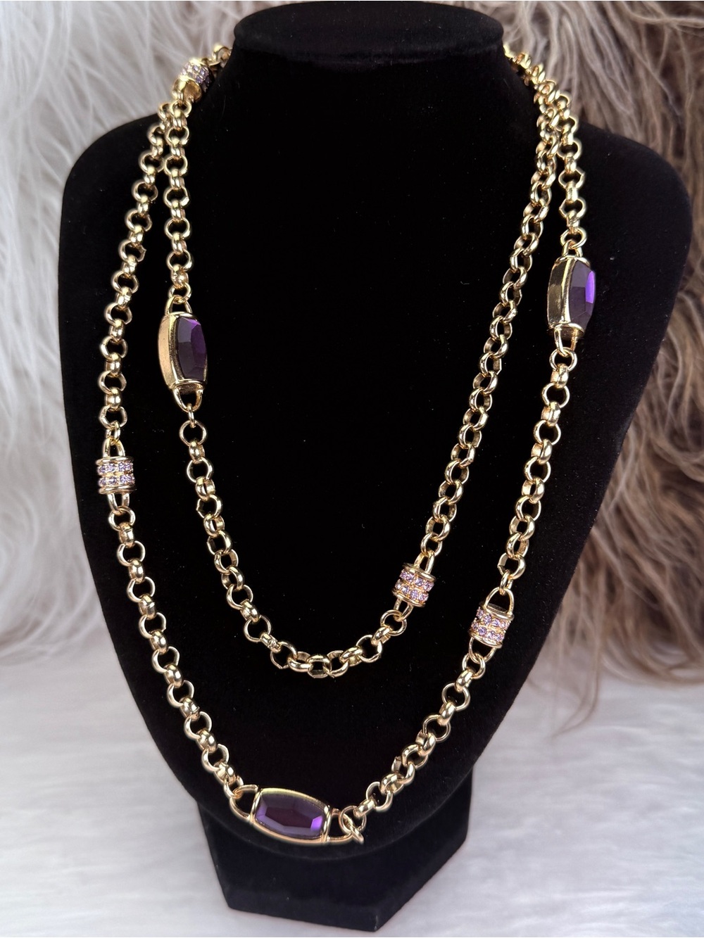 Goldtone Purple Faceted Station Long Chain Necklace Layered Statement Jewelry